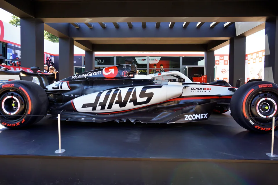 Haas single-seat racing car on display